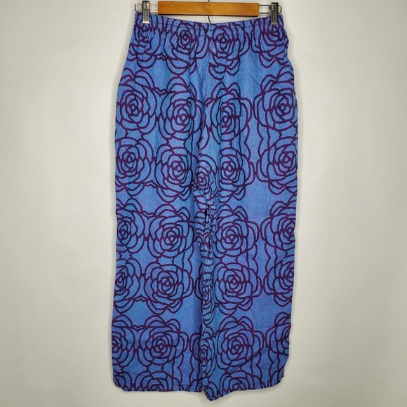 FLAX Womens 100% Linen Pull On Wide Leg Flood Pants Size S Blue Floral Lagenlook - Picture 3 of 9